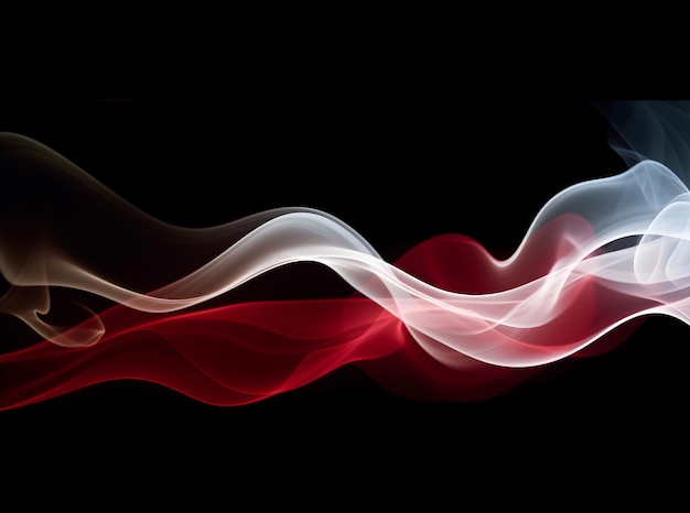 A red and white smoke is being blown over a black background