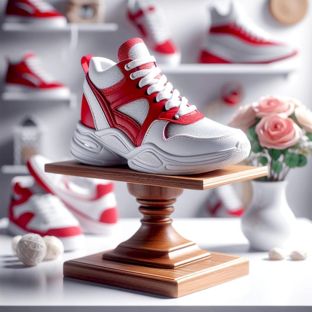 red and white sneakers are on a table