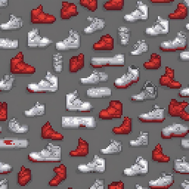 Photo red and white sneakers pixel art on gray background