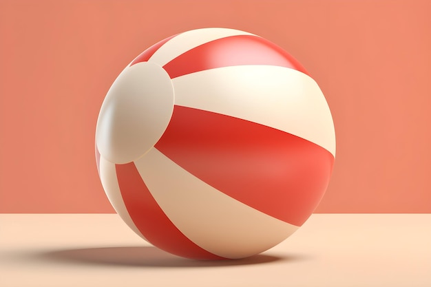 A red and white striped ball is sitting on a table.