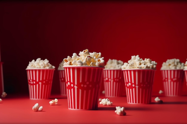 A red and white striped bucket of popcorn is on a red table.