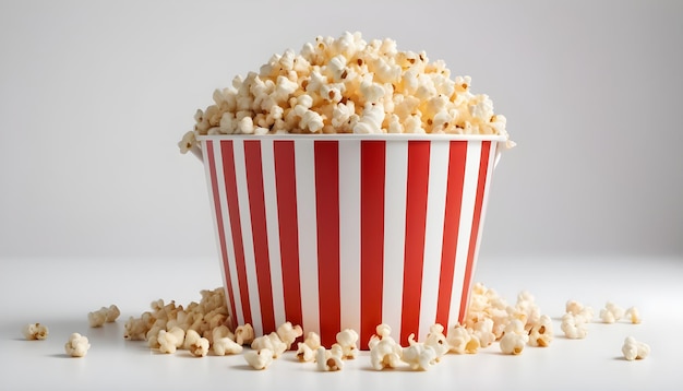 A red and white striped bucket of popcorn is on a white background