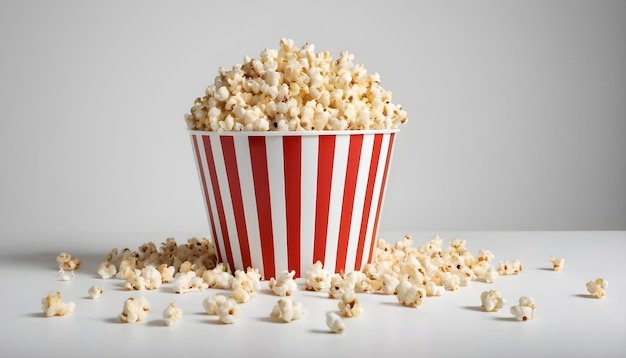 A red and white striped bucket of popcorn is on a white background