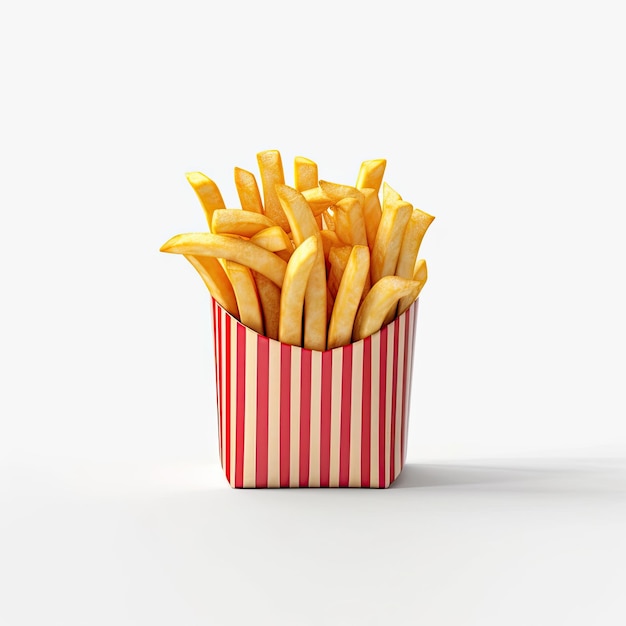 A red and white striped container of french fries is shown.