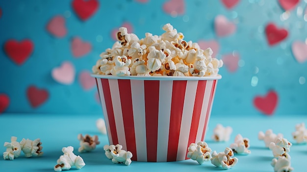 a red and white striped container of popcorn with the words popcorn on the bottom