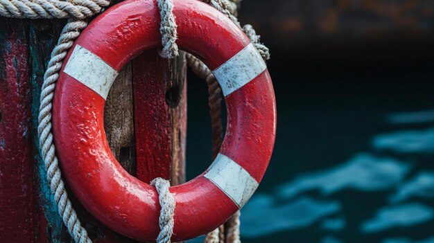 Photo red and white striped lifebuoy hanging on a pier39s wooden post