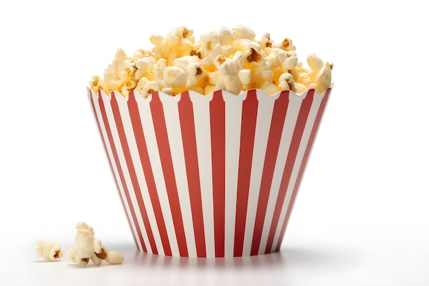 A red and white striped popcorn box with a small piece of popcorn on it