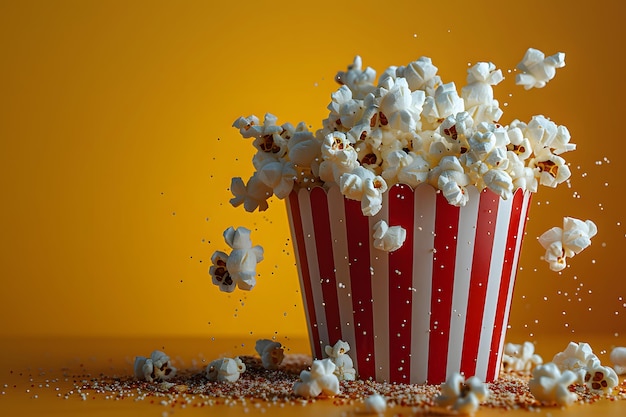 Red and White Striped Popcorn Bucket Filled With Popcorn