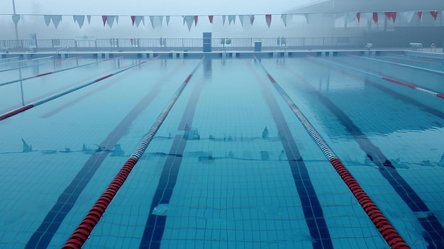 Photo a red and white swimming pool with a red flag on the side