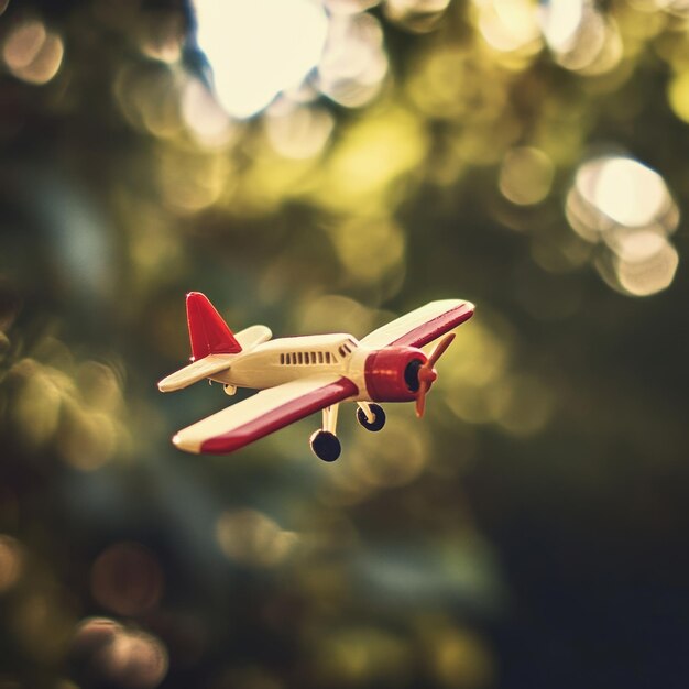 A red and white toy airplane in flight against a blurred green background