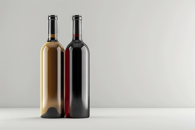 Red and white wine bottles on white background