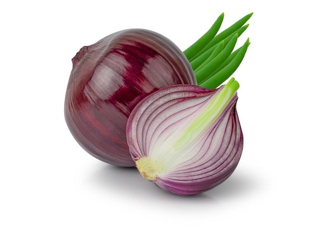 Red whole and sliced onion with green leaves isolated on white background with Clipping Path