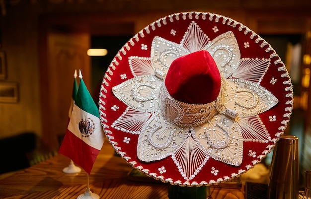 red widebrimmed hat and mexican flag on a bar counter in a bar red sombrero and mexican flag