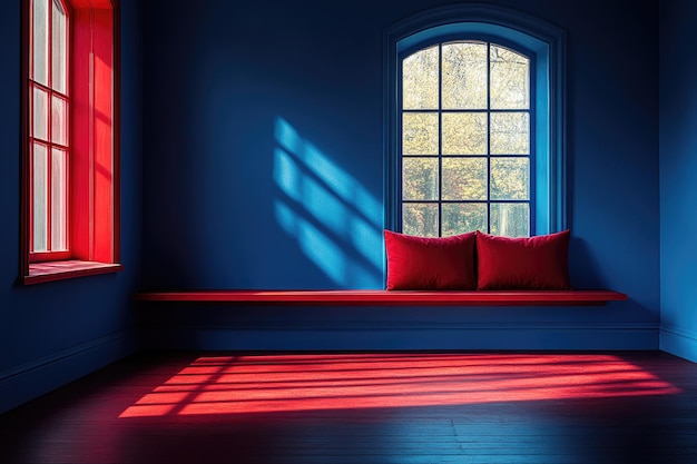 Photo red window light casts stripes on dark wood floor