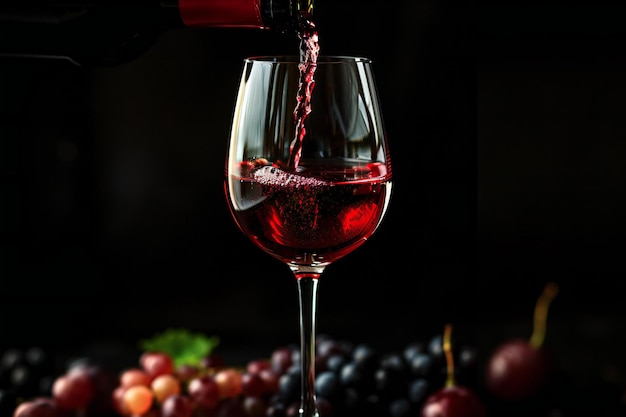 Red wine being poured into glass against black background with space for text or product placement