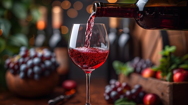 Red wine being poured into a glass with a blurred background of a dinner setting