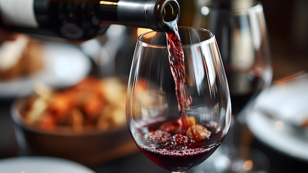 Red wine being poured into a glass with a blurred background of a festive dinner setting