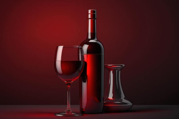 Red wine bottle and glass against a red background