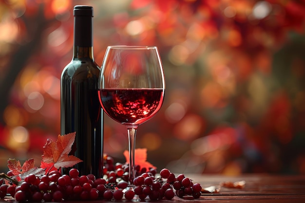 Red wine bottle and glass on table with empty space for personalized text on the left