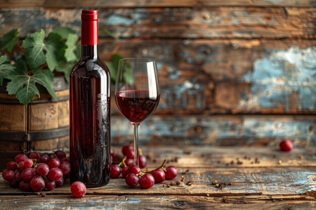 Red wine bottle and glass with ample blank area on the left for personalized text or messages