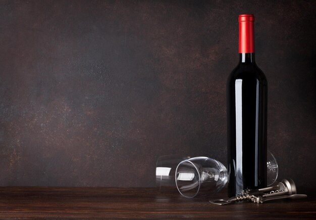 Red wine bottle and glasses