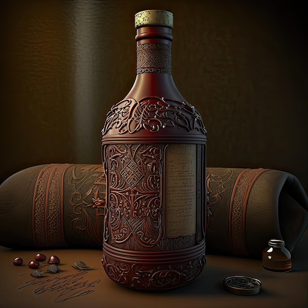 Red wine bottle with medieval style ornament Alcohol winemaking luxury wine cellar fermentation product wax seal high resolution art generative artificial intelligence