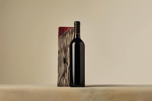 Photo red wine bottle with old wood design on beige background for branding packaging with space for text