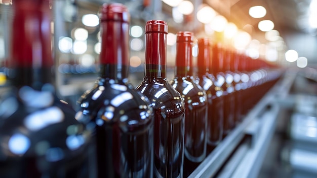 Red wine bottles on bottling line in pristine factory showcasing exceptional production standards