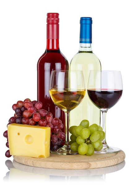 Red wine cheese wines grapes portrait format isolated on white