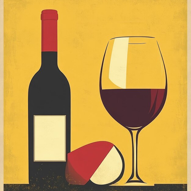 Photo red wine in a glass bottle and a cheese on a yellow background