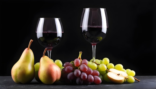 red wine in a glass served with fresh fruits grapes pears on black background