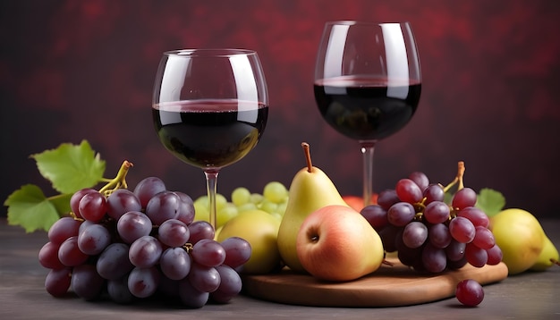 red wine in a glass served with fresh fruits grapes pears