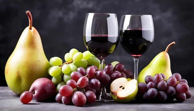 red wine in a glass served with fresh fruits grapes pears