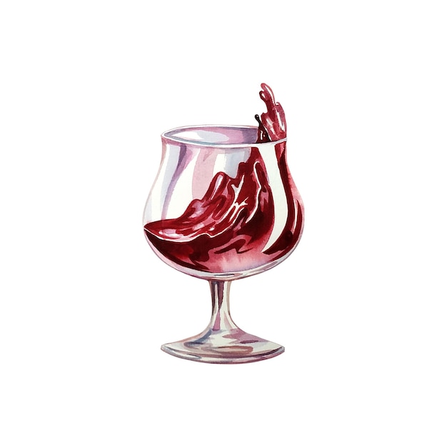 Red wine in a glass, Watercolor illustration.