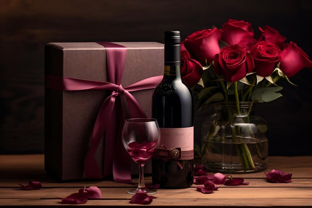 Photo red wine two roses and box on wood