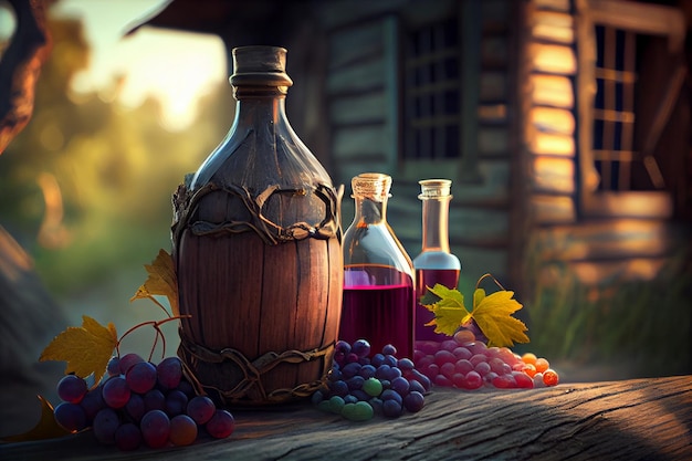 Red wine with barrel on old wooden table in vineyard at sunsetgenerative ai