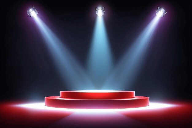 Red Winner stage podium illuminated by searchlights Empty pedestal with illuminated projector Light sources floodlight Concept for product