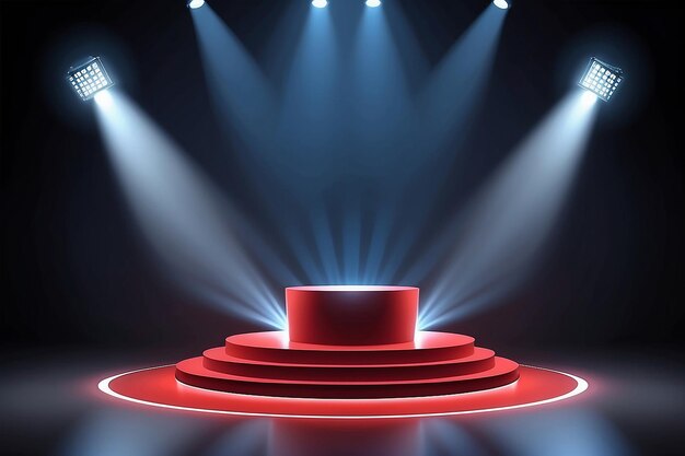 Red Winner stage podium illuminated by searchlights Empty pedestal with illuminated projector Light sources floodlight Concept for product