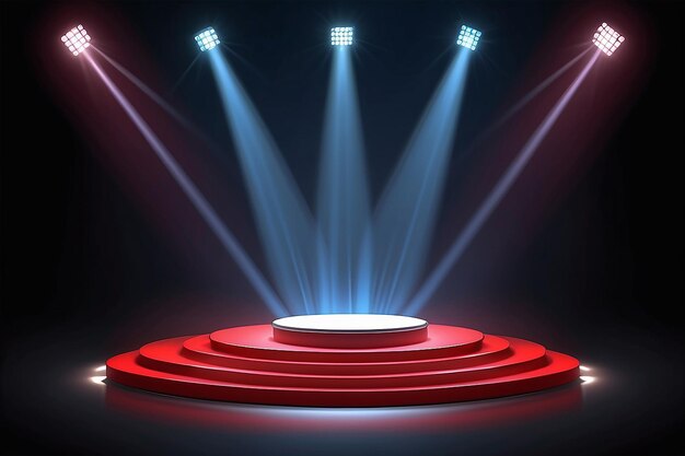 Red Winner stage podium illuminated by searchlights Empty pedestal with illuminated projector Light sources floodlight Concept for product