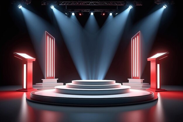 Red Winner stage rectangular podium illuminated by searchlights pedestal with illuminated projector Light sources floodlight Concept for product