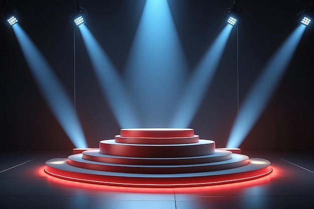 Red Winner stage rectangular podium illuminated by searchlights pedestal with illuminated projector Light sources floodlight Concept for product