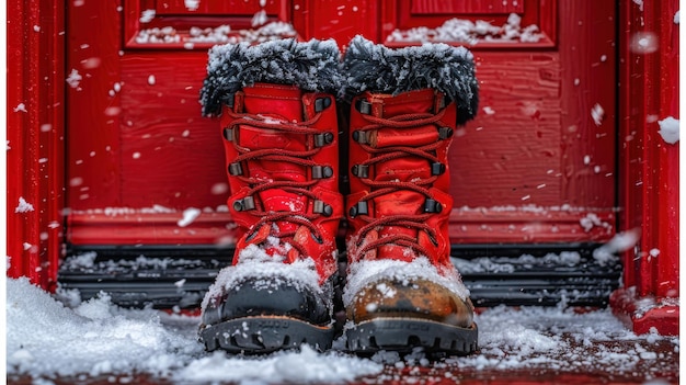 Photo red winter boots covered in snow by a vibrant red door