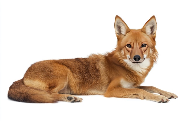 A Red Wolf Lying Down Against a White Background