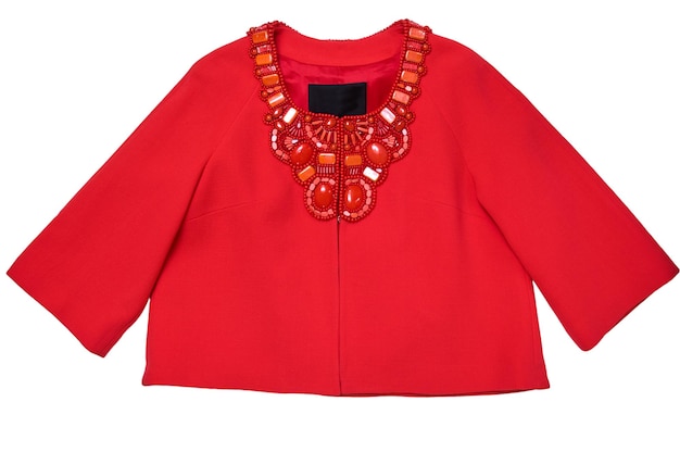 Red women's jacket with sewnon stones as decorations