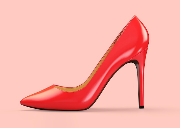 Red women's shoes on beige background 3D rendering illustration