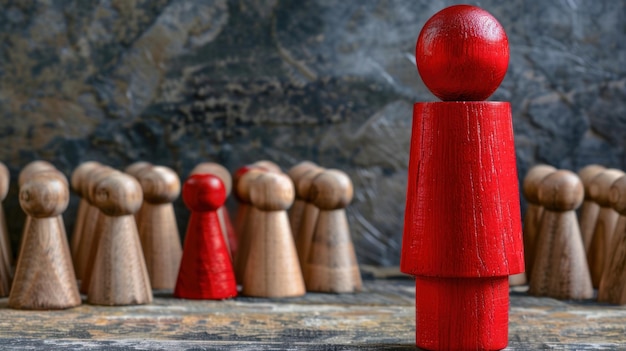 Photo red wooden business leader at the forefront showing the way to success for a team of wooden figures