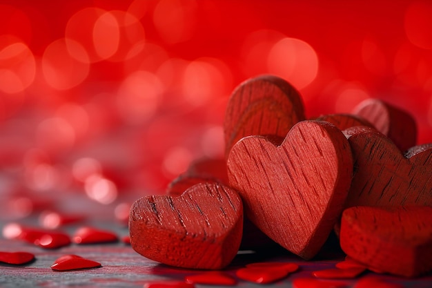 Red wooden hearts on red bokeh background Valentines Day