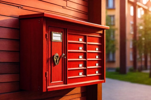 Photo red wooden mailbox in an house residential building outside modern numbered mailboxes box outdoors c