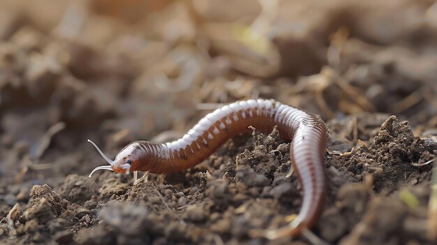 Photo a red worm is crawling through the dirt