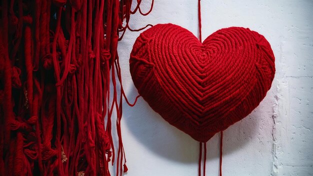 Red yarn heart shaped on the wall background